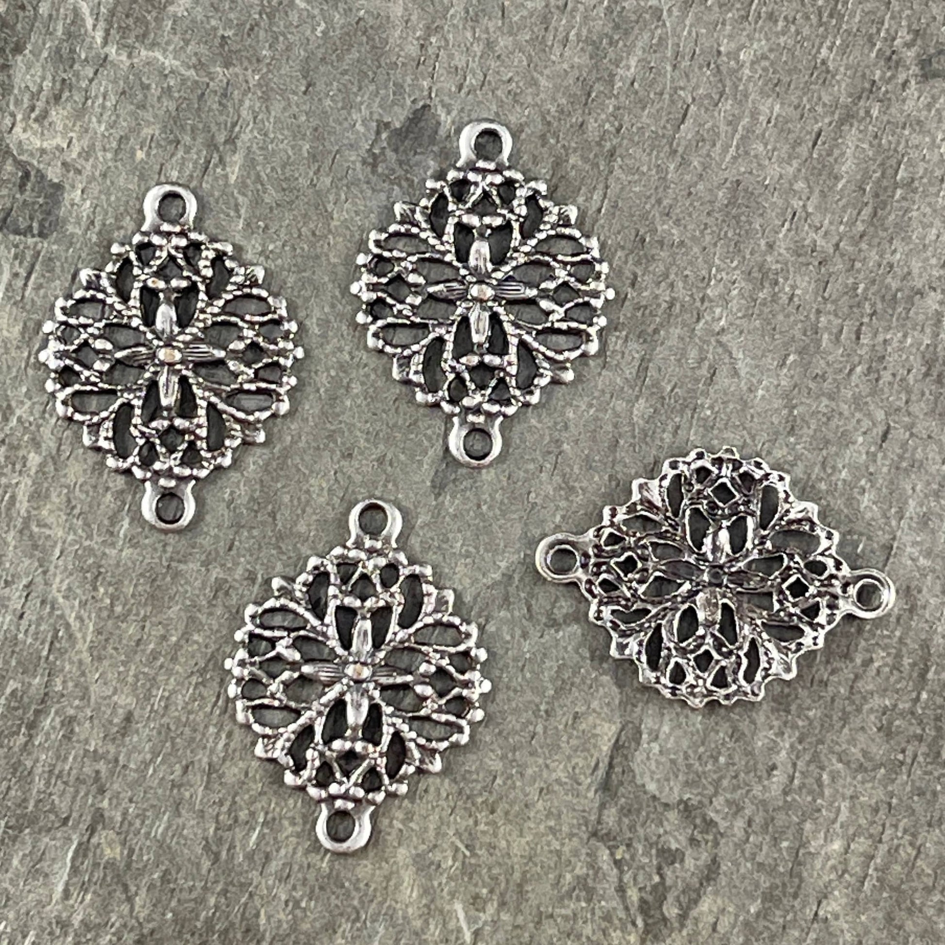 Silver Floral Themed Filigree Link - 13mm Delicate Filigree Connector, Oxidized Silver Plated Brass (A714) *Qty. 4