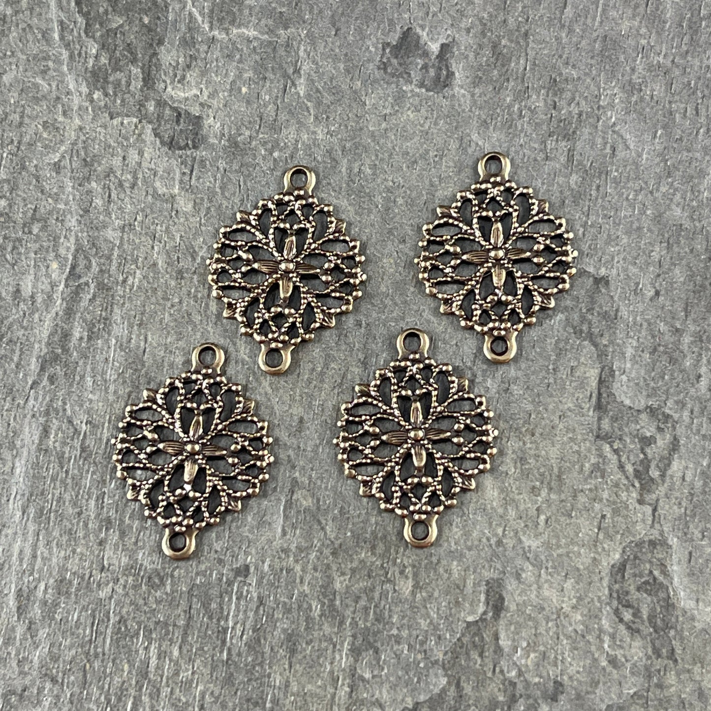 Antiqued Brass Floral Themed Filigree Link - 13mm Delicate Filigree Connector, Oxidized Brass (A716) *Qty. 4