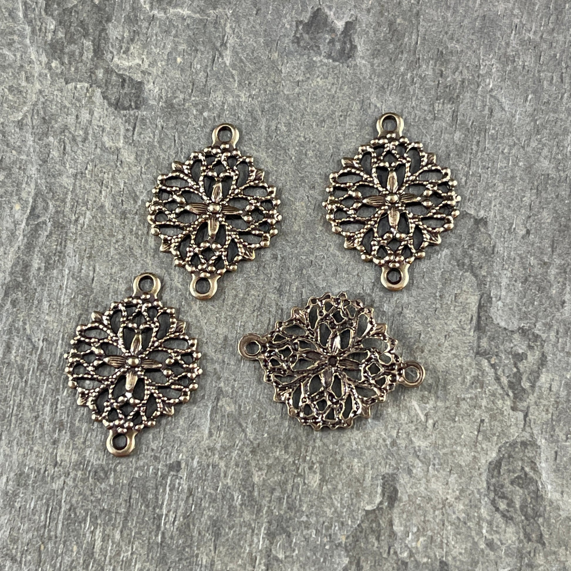 Antiqued Brass Floral Themed Filigree Link - 13mm Delicate Filigree Connector, Oxidized Brass (A716) *Qty. 4