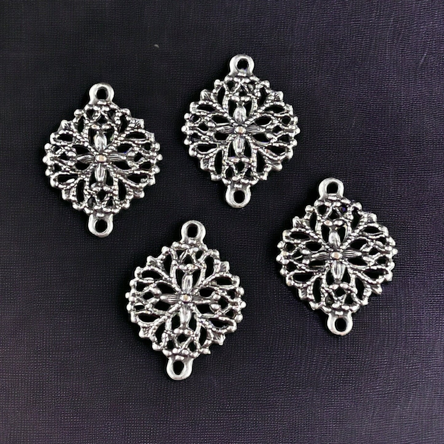 Silver Floral Themed Filigree Link - 13mm Delicate Filigree Connector, Oxidized Silver Plated Brass (A714) *Qty. 4