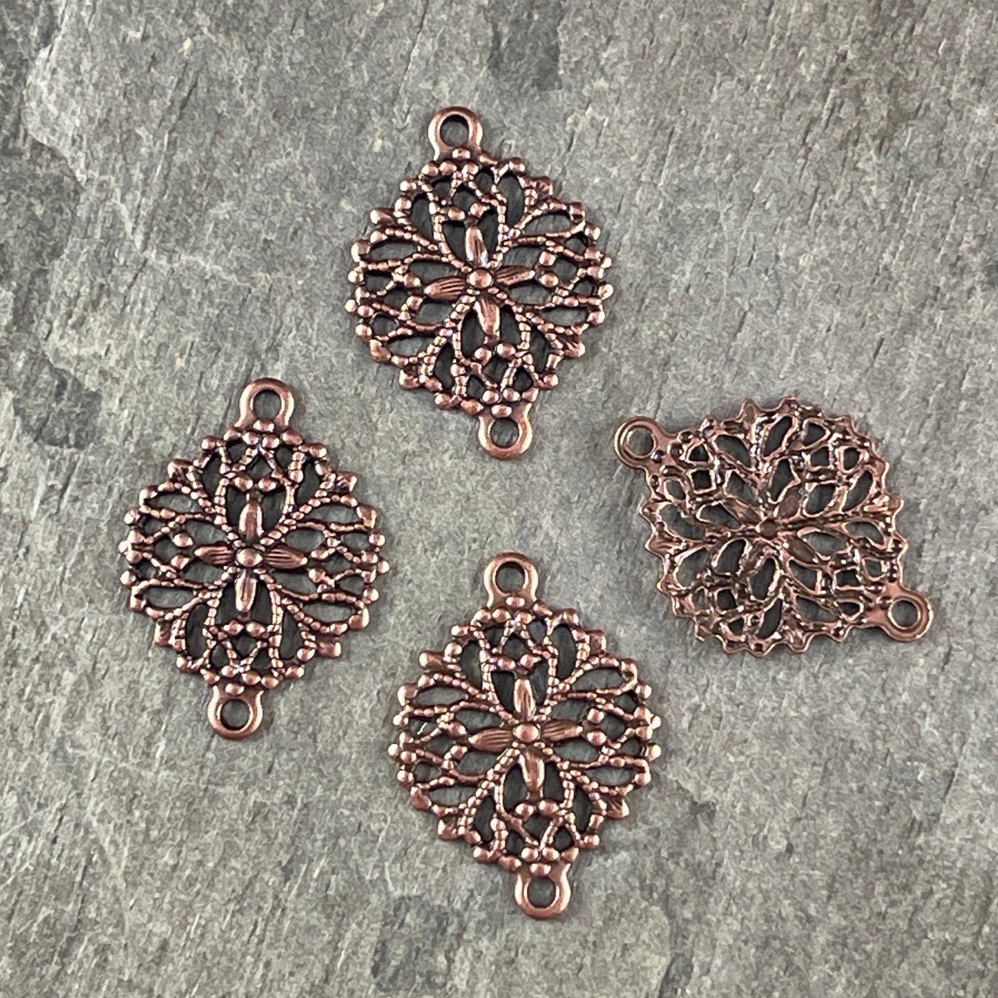 Antiqued Copper Floral Themed Filigree Link - 13mm Delicate Filigree Connector, Oxidized Copper Plated Brass (L120) * Qty. 4