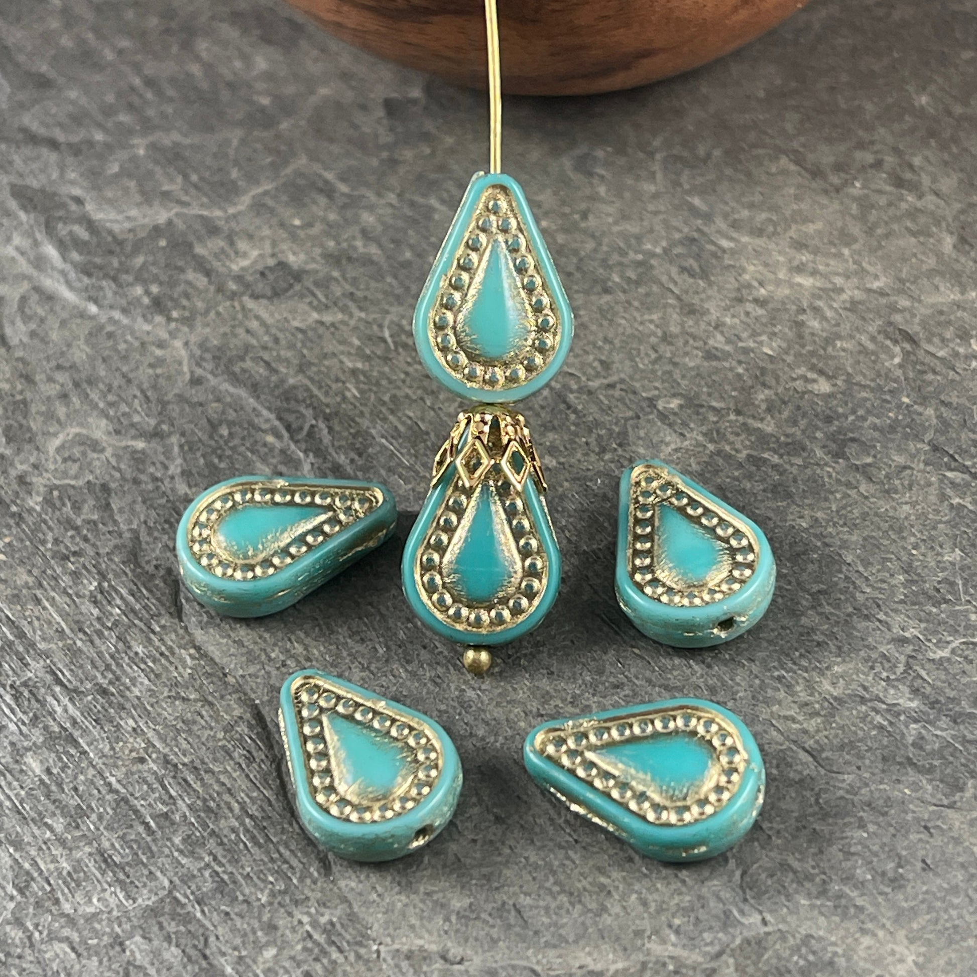 14x10mm Opaque Turquoise and Gold Teardrop Beads ~ Czech Glass Beads, Turquoise with Gold Wash * Qty. 6