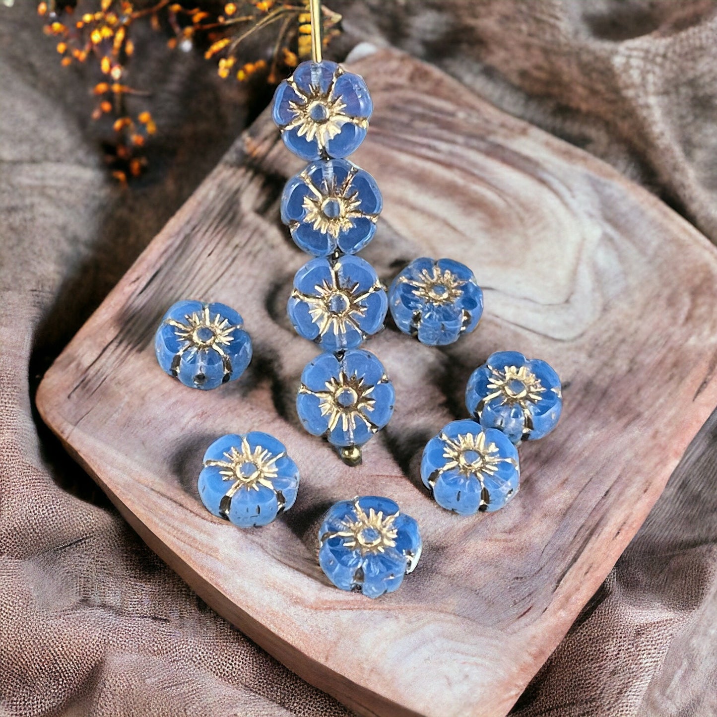 Czech Glass Beads - 10mm Sapphire Blue Hibiscus Flower Beads ~ Sapphire Opaline Glass with Gold Wash (FL10/RJ-1221) * Qty. 12