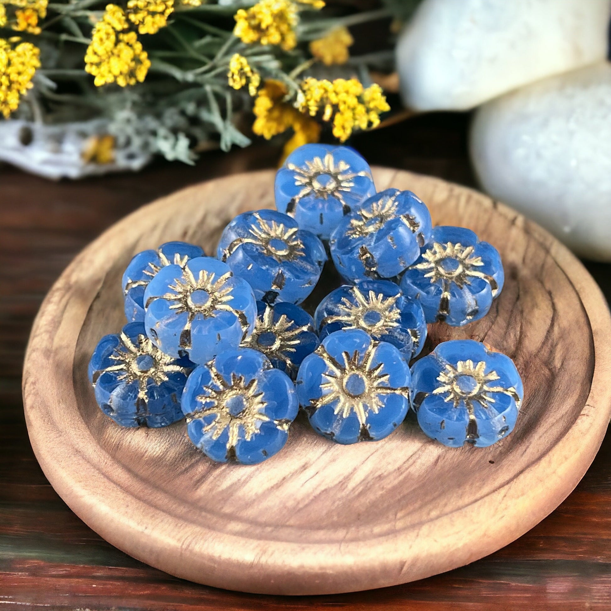 Czech Glass Beads - 10mm Sapphire Blue Hibiscus Flower Beads ~ Sapphire Opaline Glass with Gold Wash (FL10/RJ-1221) * Qty. 12