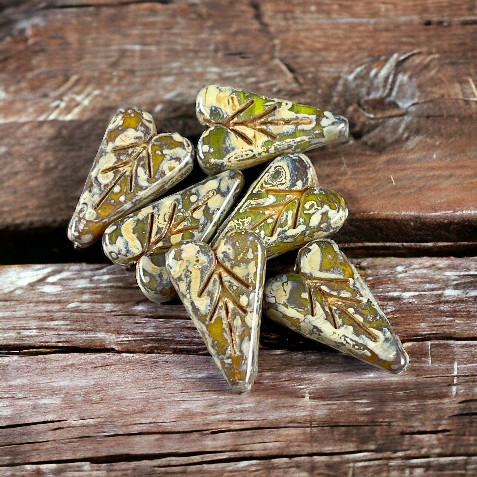 Yellow Opal Picasso Czech Glass Elongated Heart Shape Beads ~ 16x11mm Heart Leaf Bead with Travertine Picasso (PHL-6) * Qty. 6