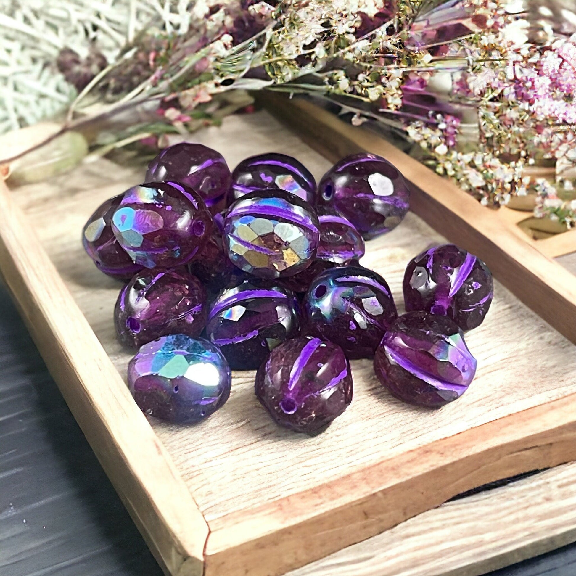 Amethyst Purple Czech Glass Beads with AB Finish ~ 8mm Faceted Melon Shape Bead with AB and Purple Wash (8FM/N-1776L) *