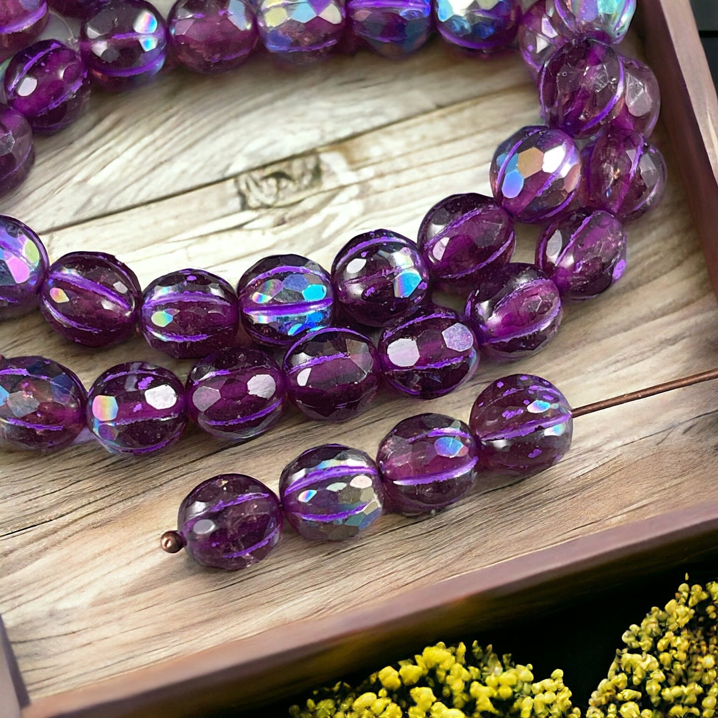 Amethyst Purple Czech Glass Beads with AB Finish ~ 8mm Faceted Melon Shape Bead with AB and Purple Wash (8FM/N-1776L) *