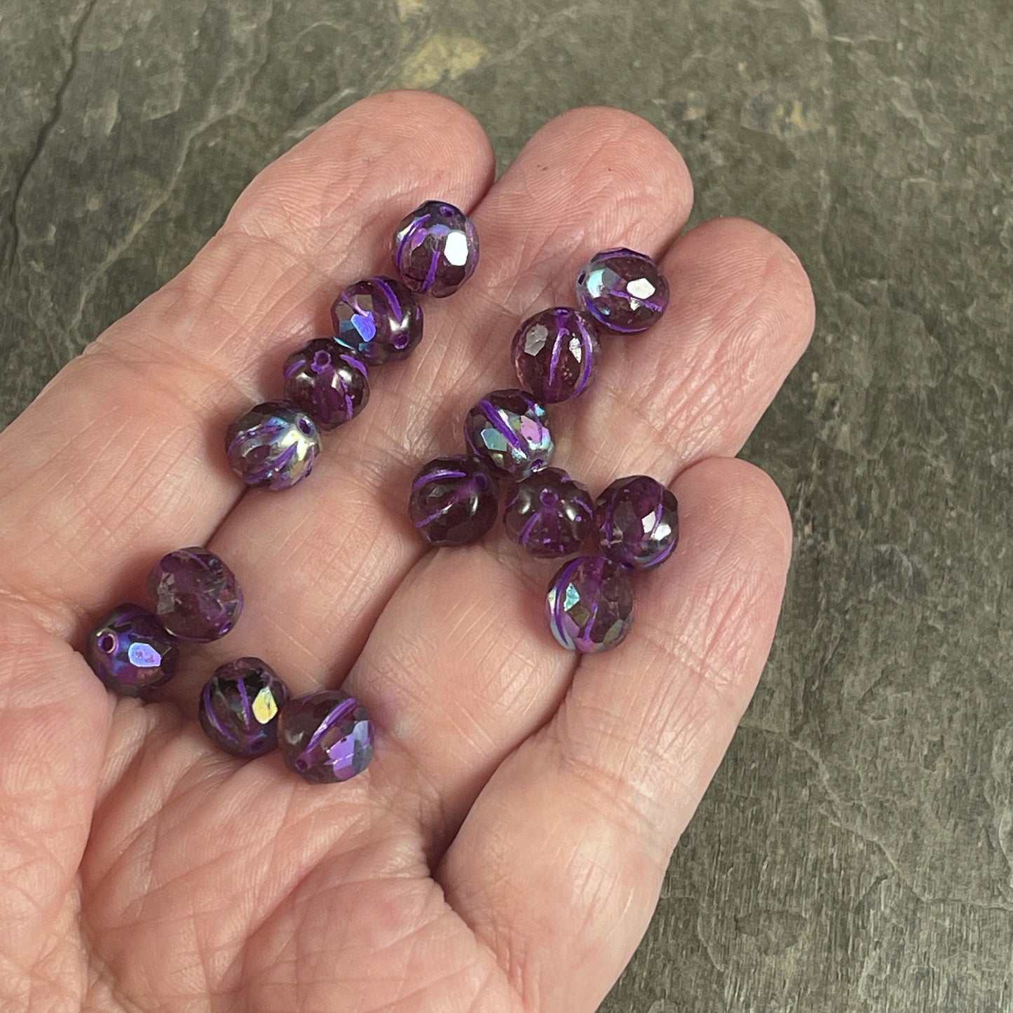 Amethyst Purple Czech Glass Beads with AB Finish ~ 8mm Faceted Melon Shape Bead with AB and Purple Wash (8FM/N-1776L) *