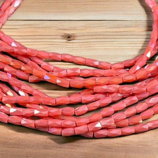 Skinny Faceted Tube Beads, Salmon with High Luster Shine, 5x3mm Peachy Pink Tube Beads (FGT-Salmon) * 17" Strand