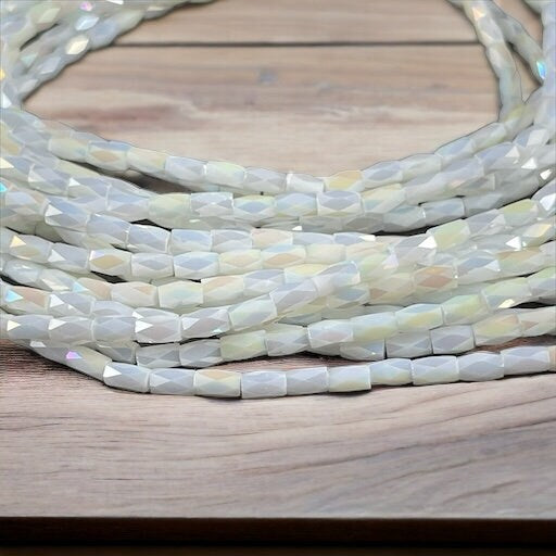 Opaque White AB 5mm Faceted Tube Beads, Shiny White Glass Bead, 5x3mm Tube Beads (FGT-OWAB1) * 17" Strand