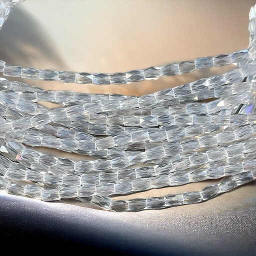 Crystal Clear AB 5mm Faceted Tube Beads, Transparent Crystal with AB Finish, 5x3mm Tube Beads (FGT-TCab1) * 18" Strand