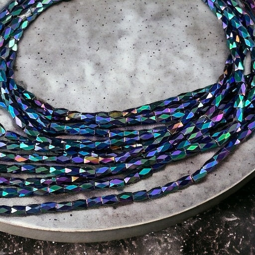 5mm Faceted Tube Bead, Rainbow Metallic 5x3mm Glass Beads (FGT-PI1) Blue, Green, Purple and Black Metallic Beads * 18" Strand