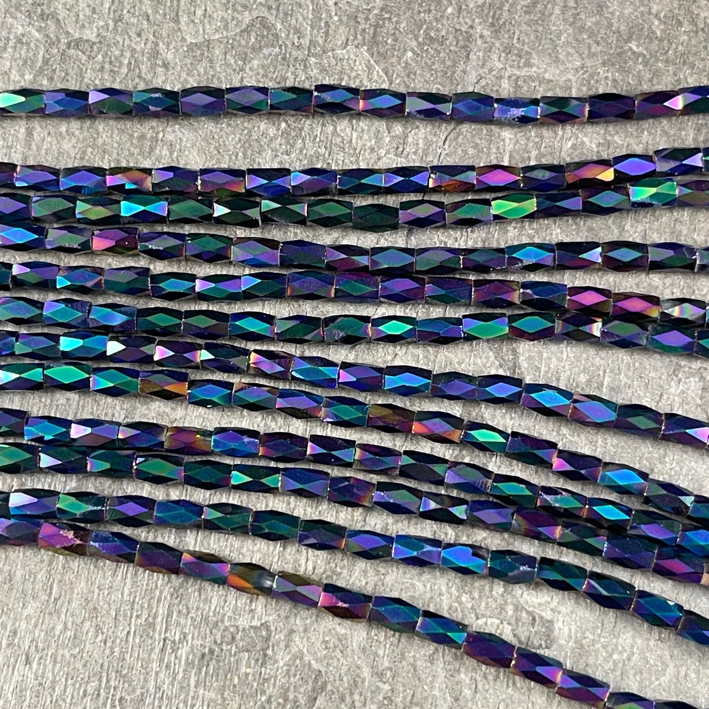 5mm Faceted Tube Bead, Rainbow Metallic 5x3mm Glass Beads (FGT-PI1) Blue, Green, Purple and Black Metallic Beads * 18" Strand