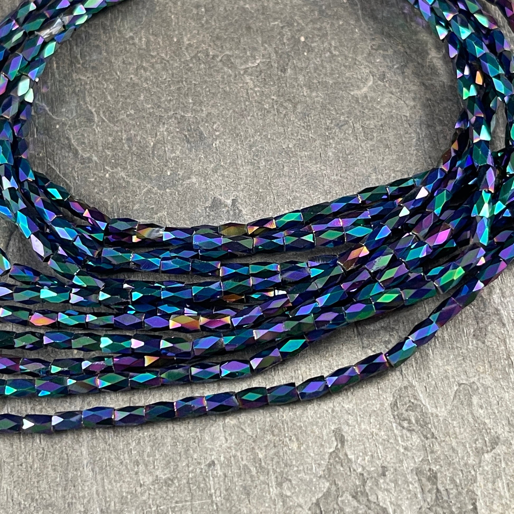 5mm Faceted Tube Bead, Rainbow Metallic 5x3mm Glass Beads (FGT-PI1) Blue, Green, Purple and Black Metallic Beads * 18" Strand