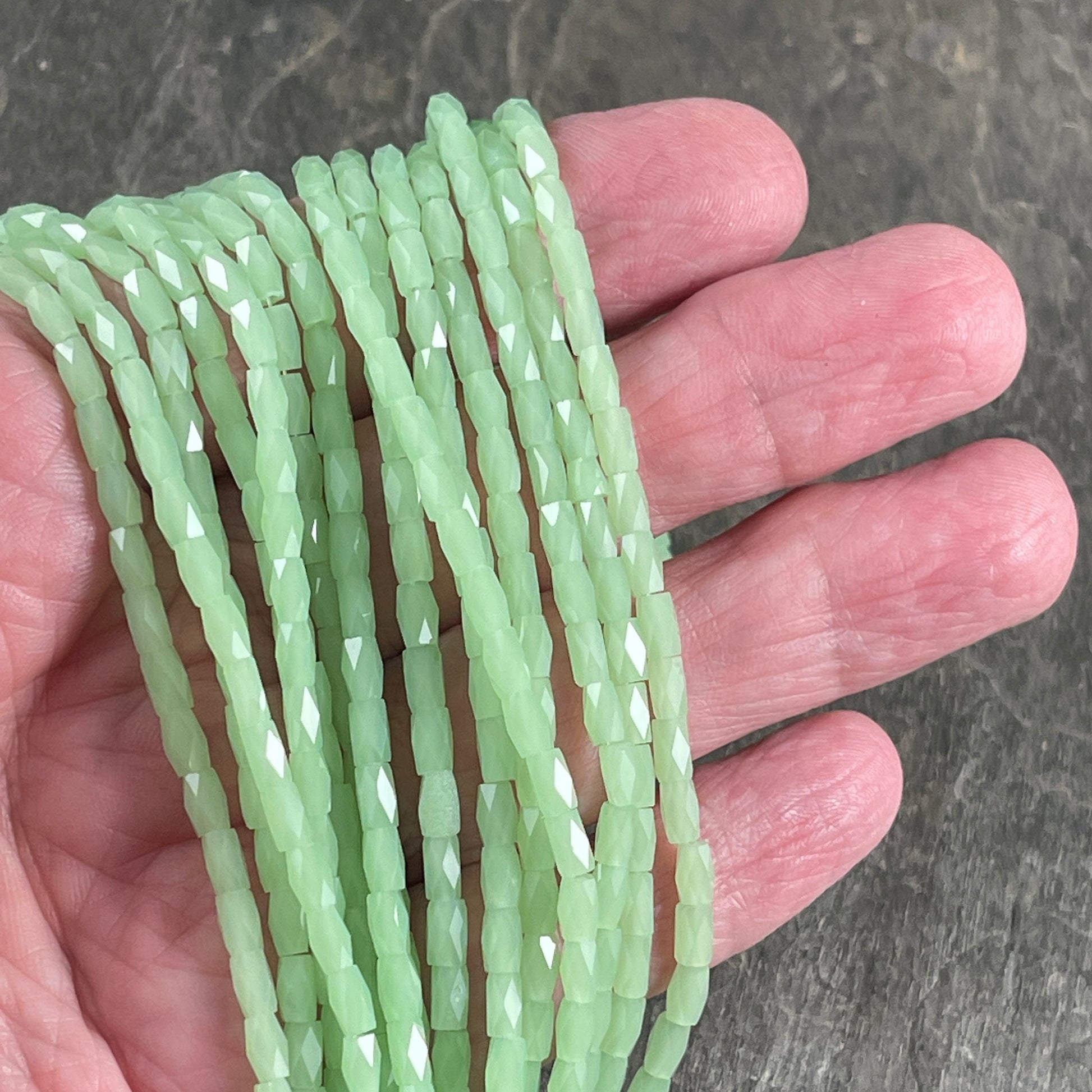 Small Faceted Glass Beads 5mm Faceted Tube Beads Pale Green AB Luster 5x3mm Tube Beads Light Green Luster Beads (FGT-LGAB) - 18" Strand