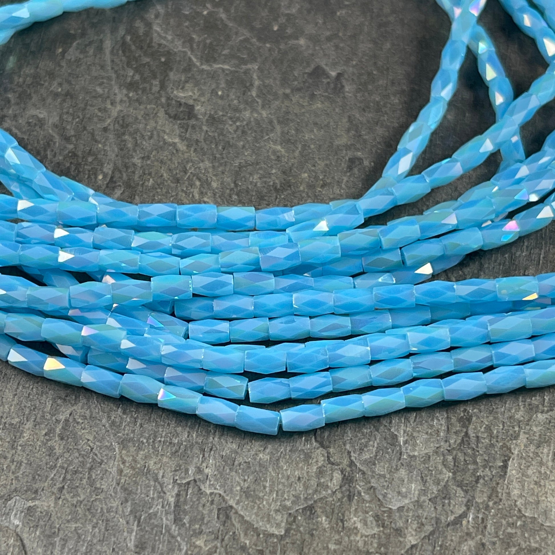 Small Faceted Glass Beads Sky Blue AB 5mm Faceted Tube Beads Light Blue with AB 5x3mm Tube Beads (FGT-SkyBl) * 18" Strand