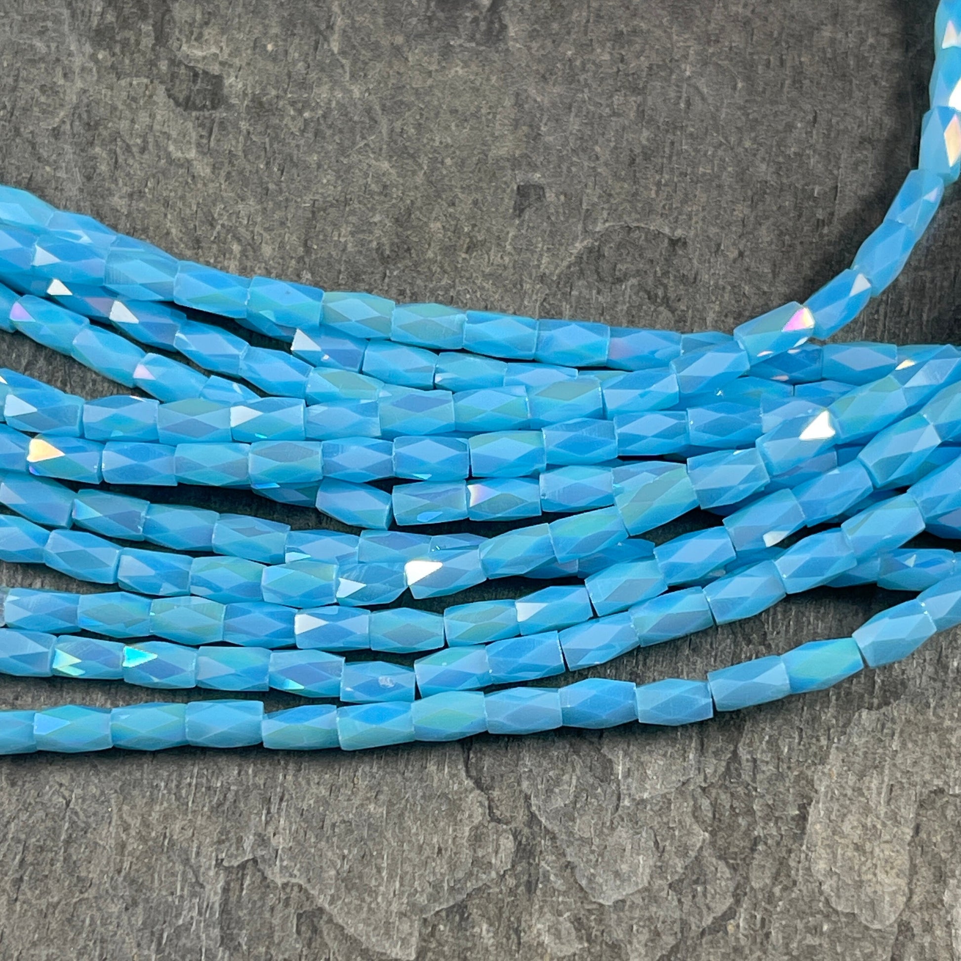 Small Faceted Glass Beads Sky Blue AB 5mm Faceted Tube Beads Light Blue with AB 5x3mm Tube Beads (FGT-SkyBl) * 18" Strand