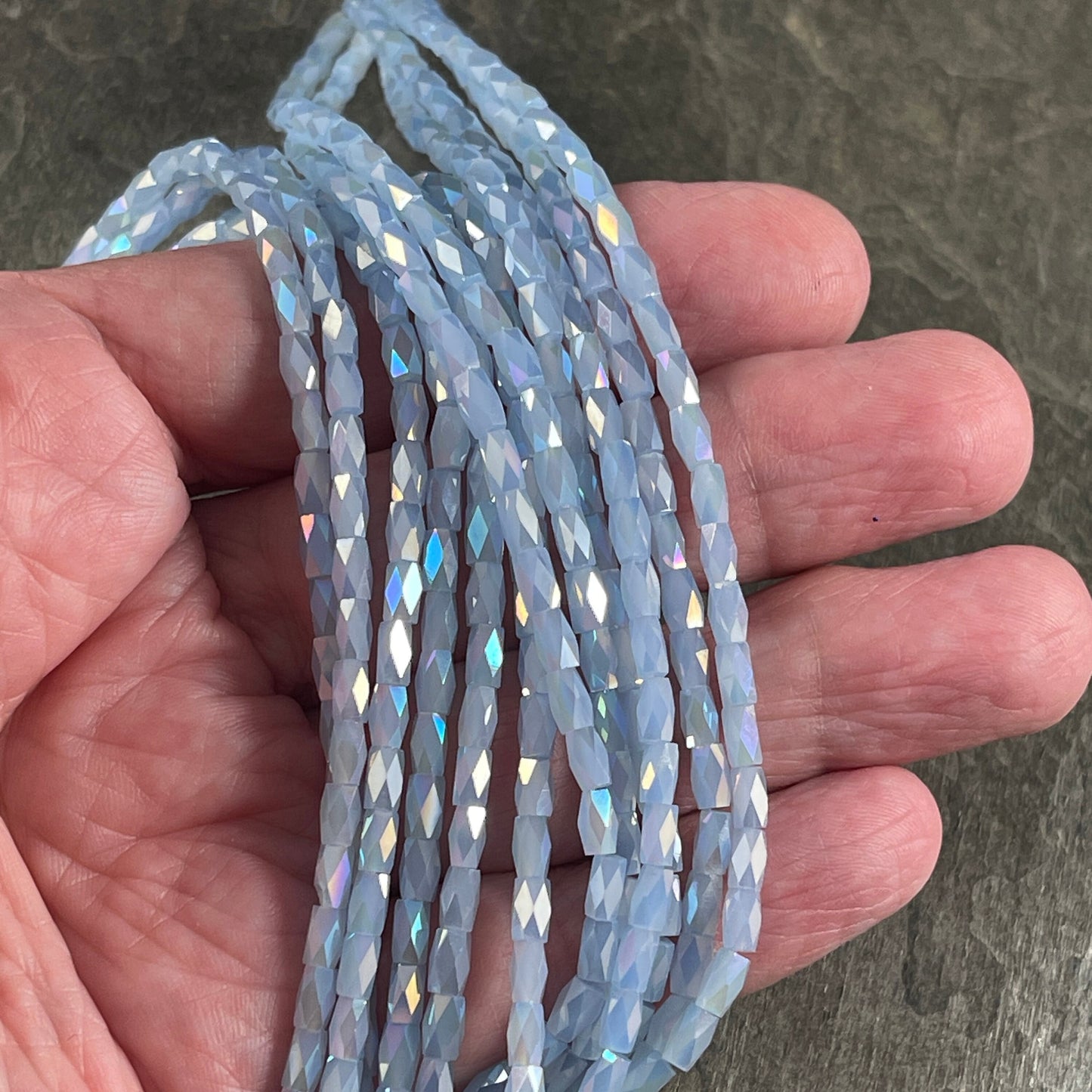 Light Sapphire AB 5mm Faceted Tube Beads, Milky Pastel Blue with AB, 5x3mm Babyu Blue Tube Beads (MLBab1) * 18" Strand