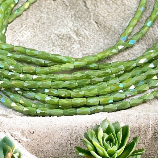 5mm Faceted Tube Beads, Charteruse Green 5x3mm Glass Beads, Avocado Green with AB Finish (FGT-AGAB) * 18" Strand