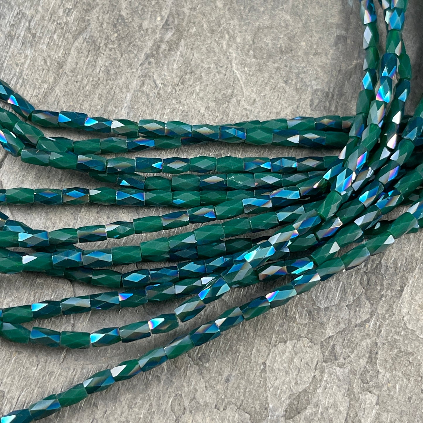 5mm Faceted Tube Beads, Teal with AB Luster, 5x3mm Teal Green/Blue Faceted Glass Beads * 18" Strand