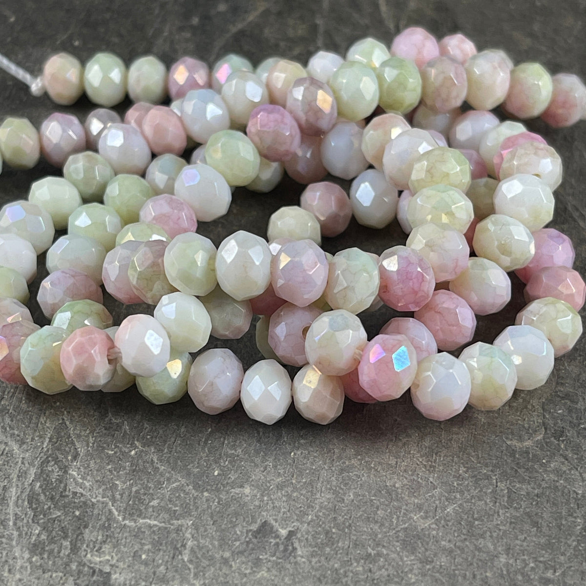 Pink, Green and White Variegated Glass Rondelles, 8x6mm Faceted Pale Green, Light Pink and White Glass Beads * Qty. 25