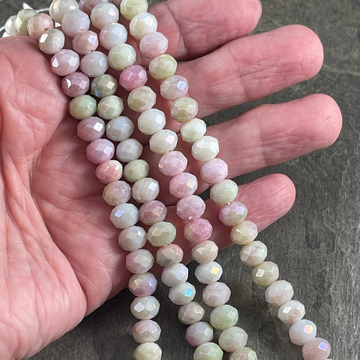 Pink, Green and White Variegated Glass Rondelles, 8x6mm Faceted Pale Green, Light Pink and White Glass Beads * Qty. 25