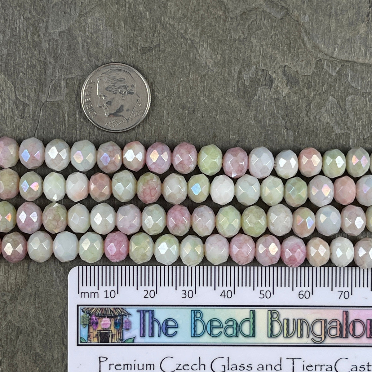 Pink, Green and White Variegated Glass Rondelles, 8x6mm Faceted Pale Green, Light Pink and White Glass Beads * Qty. 25