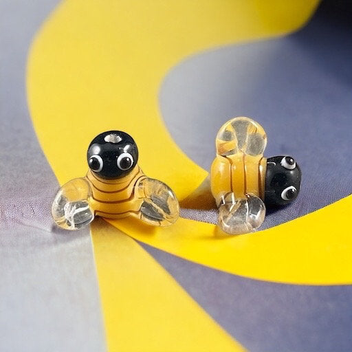 Bee Beads, Yellow and Black Bumble Bees, Lamp Work Beads - Bumble Bee Lampwork Beads - 13mm - Select Pair or Individual from Options