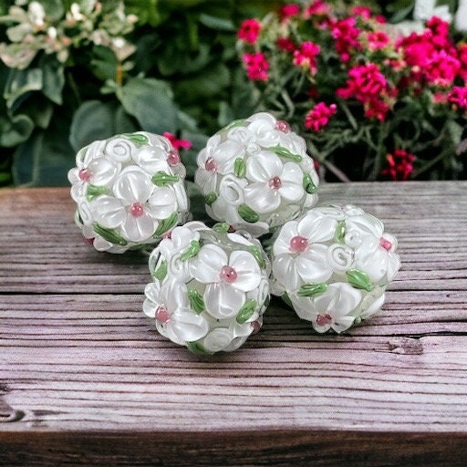 White Lampwork Flower Beads, 14mm White Flower Lampwork Beads (LB202) Floral Theme Lampwork Beads * Qty. 2