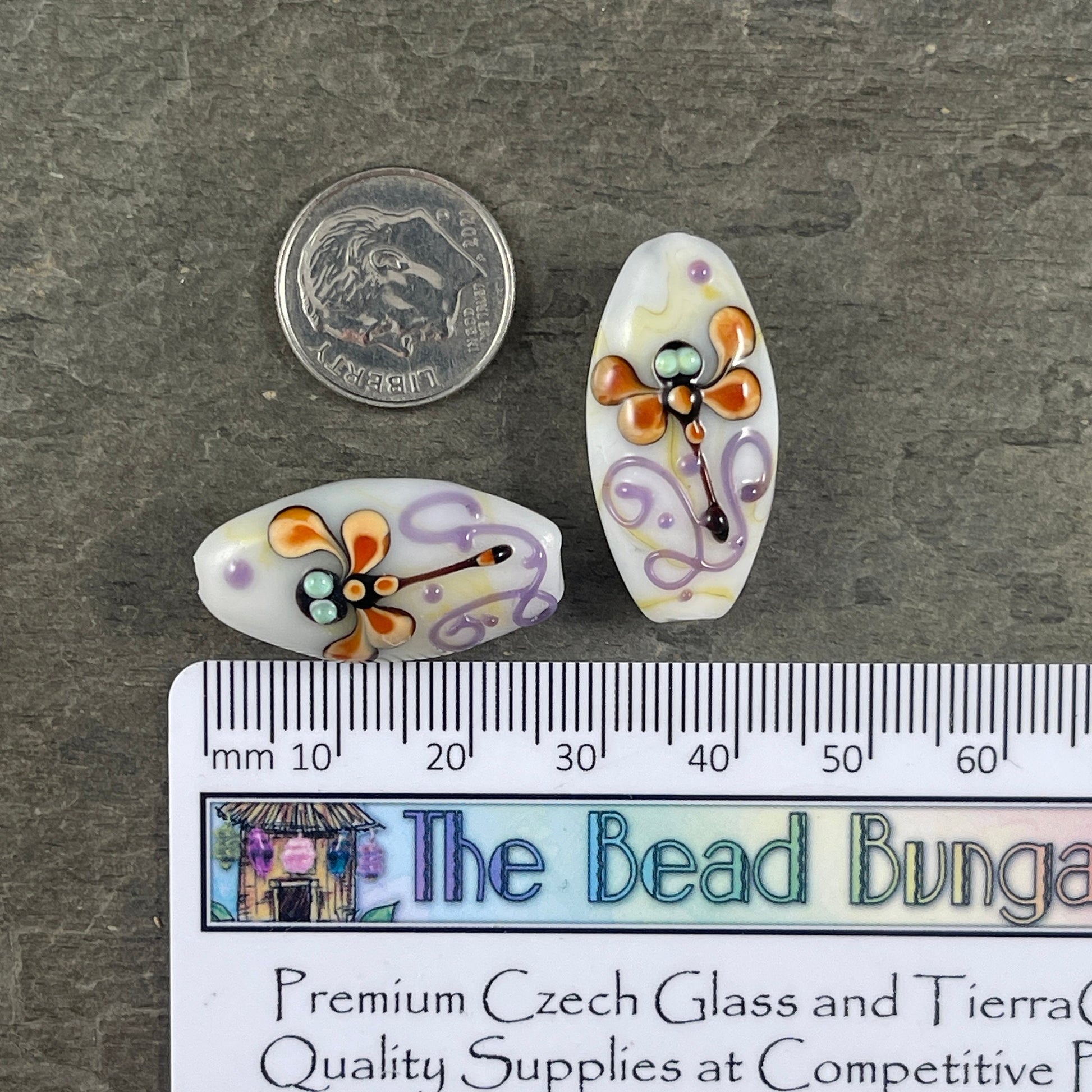 Dragonfly 30mmx17mm Lampwork Beads, White with Dragonfly and Purple Swirl Marquise Shaped Beads *