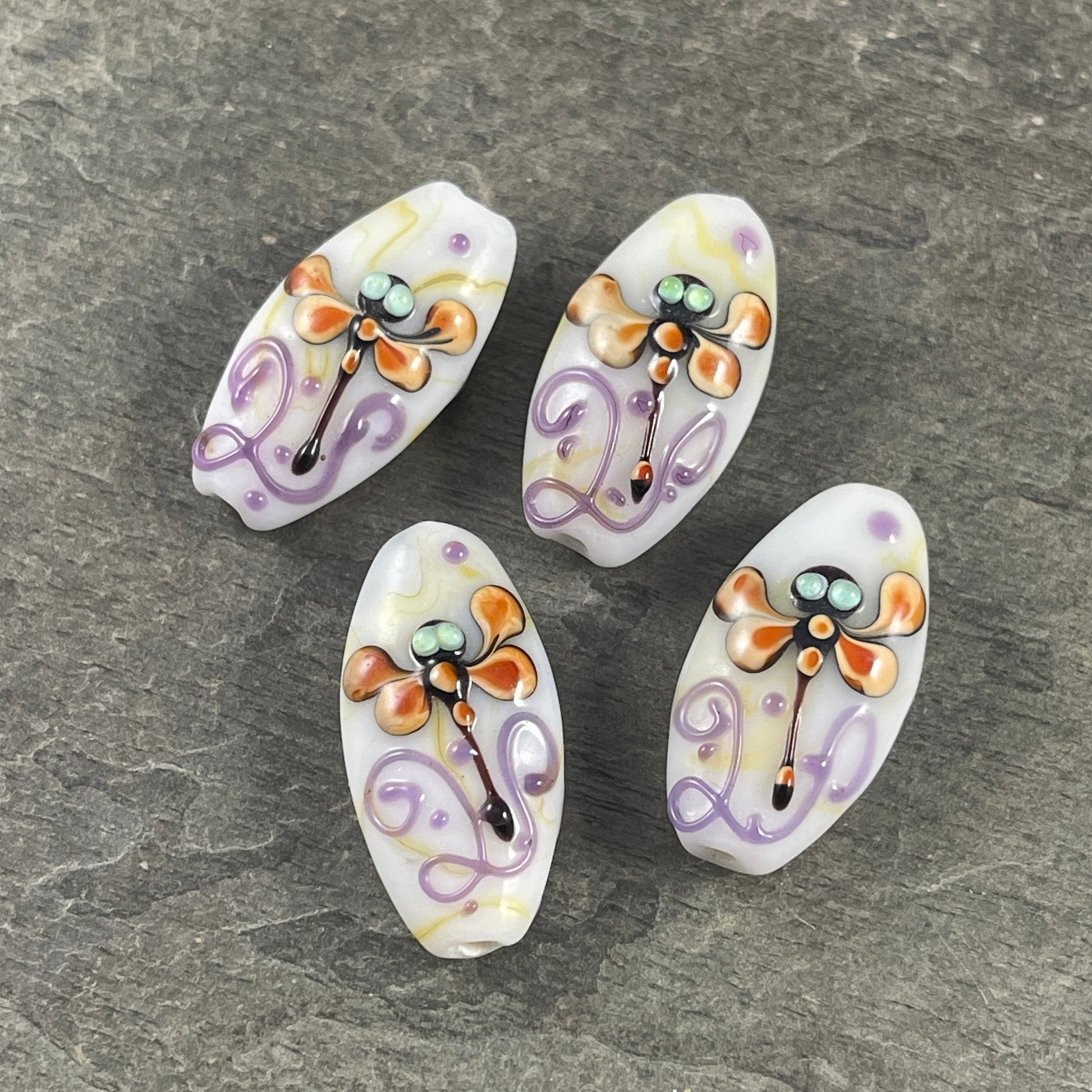 Dragonfly 30mmx17mm Lampwork Beads, White with Dragonfly and Purple Swirl Marquise Shaped Beads *