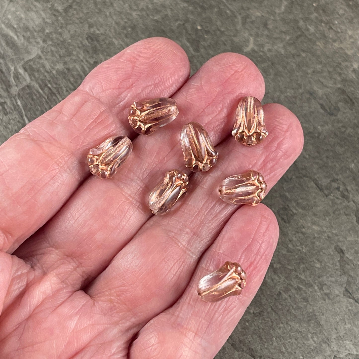 Czech Glass Flower Beads, 12x8mm Lily Bud, Clear Glass with Copper Wash (LBud31) * Qty. 12