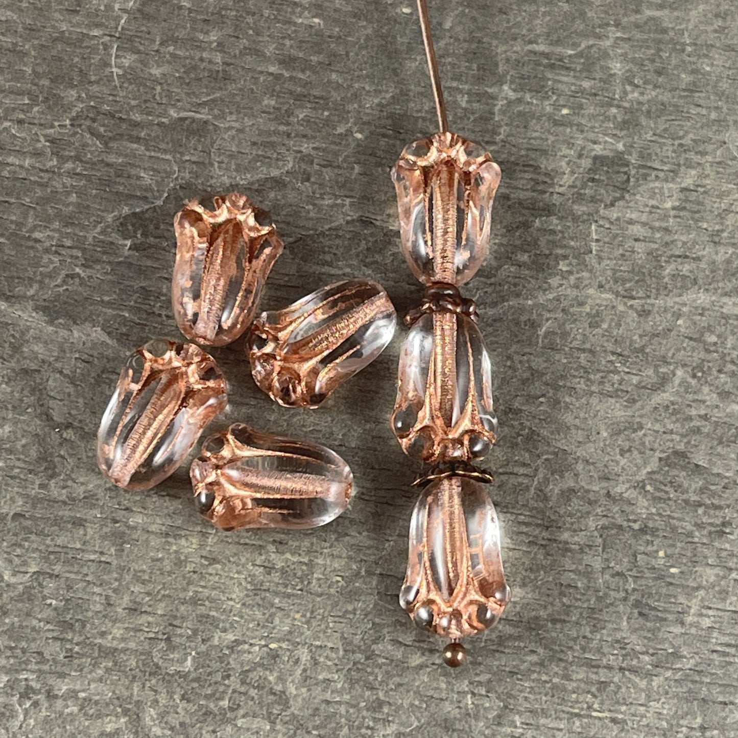 Czech Glass Flower Beads, 12x8mm Lily Bud, Clear Glass with Copper Wash (LBud31) * Qty. 12