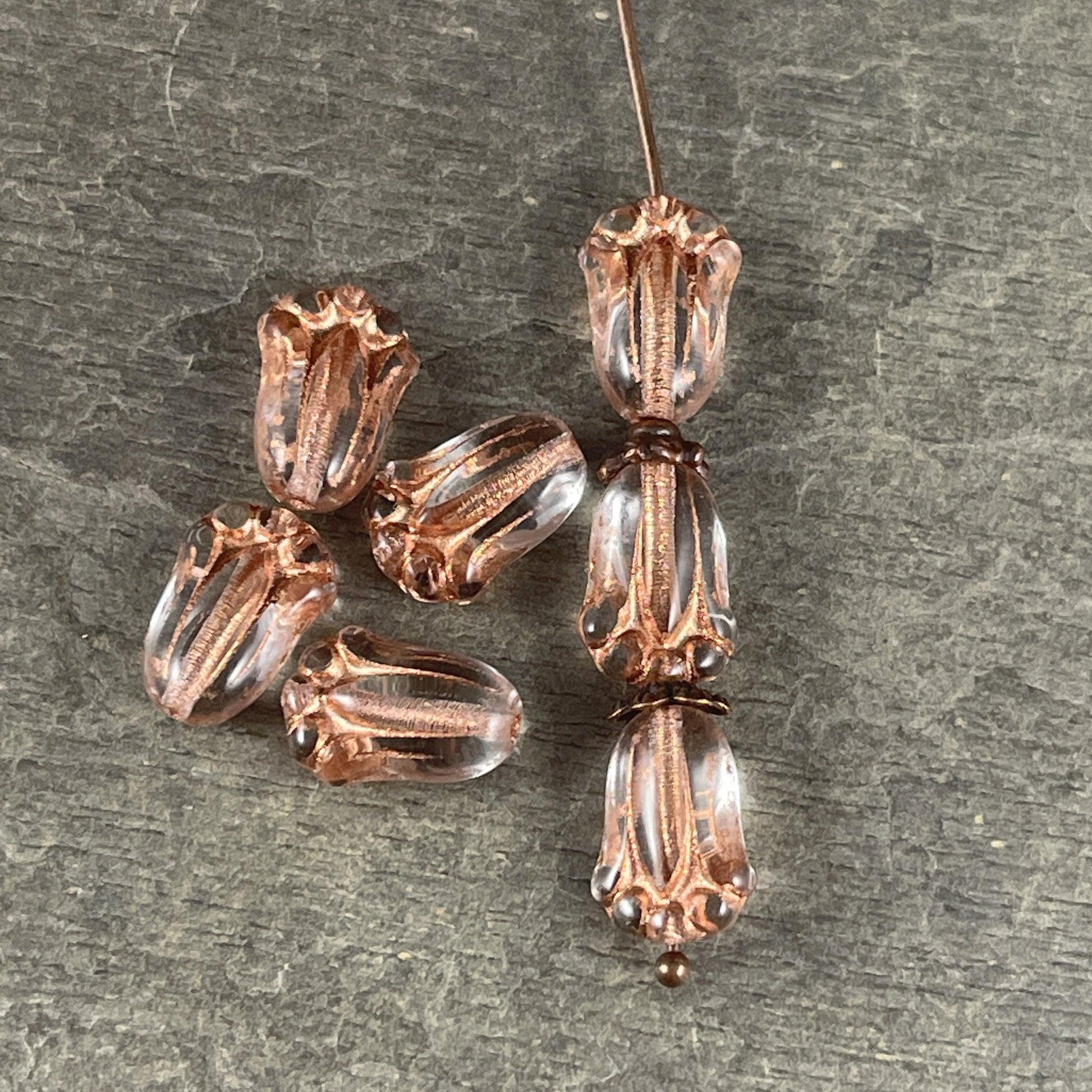 Czech Glass Flower Beads, 12x8mm Lily Bud, Clear Glass with Copper Wash (LBud31) * Qty. 12