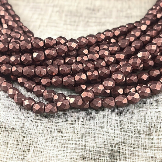 Chestnut Brown 4mm Faceted Round Czech Glass Beads, Golden Ash Rose Satin Metallic Finish (FP4/SM-08A01) * Qty. 25