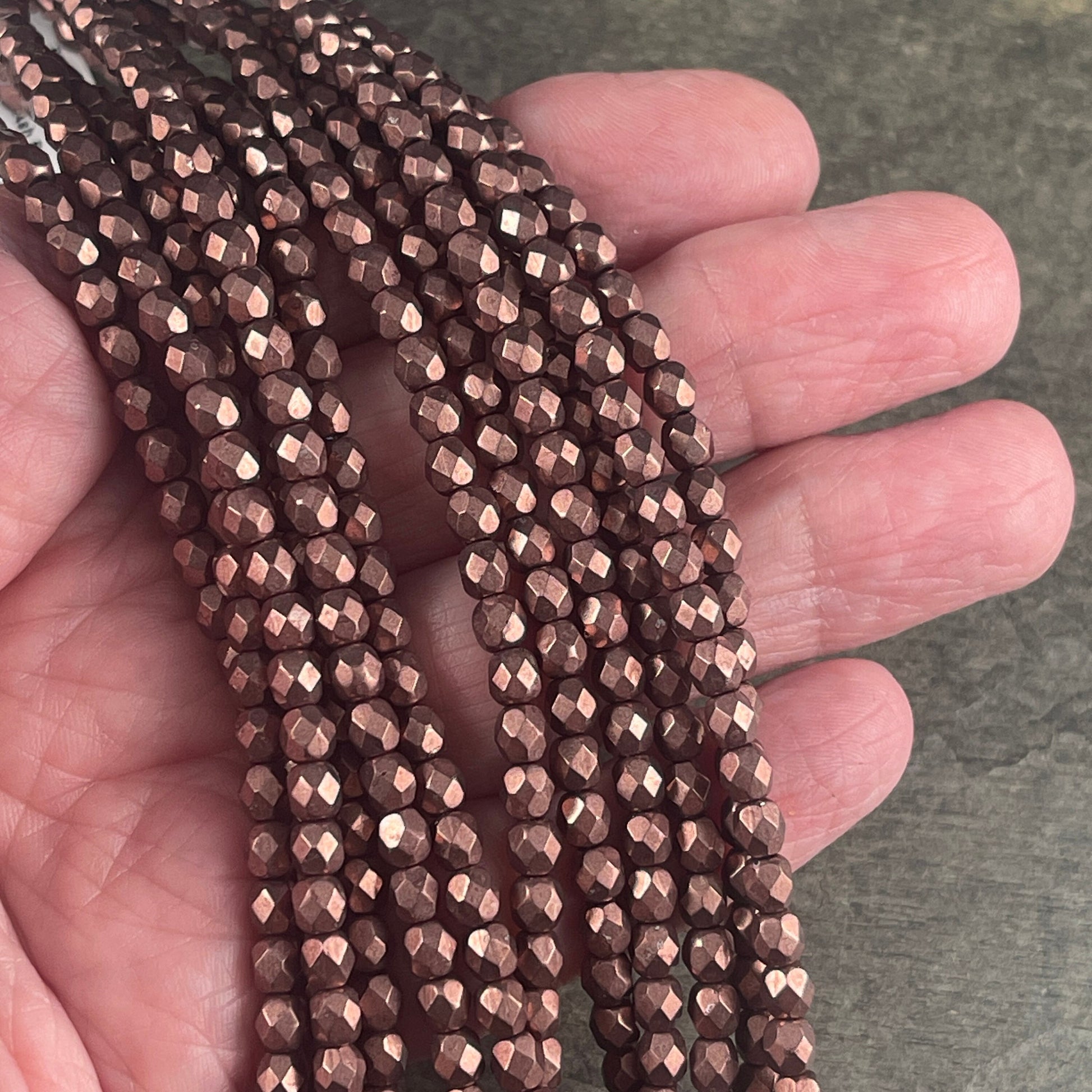 Chestnut Brown 4mm Faceted Round Czech Glass Beads, Golden Ash Rose Satin Metallic Finish (FP4/SM-08A01) * Qty. 25