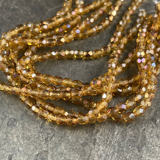Honey Gold Czech Glass Beads 4mm Gold Topaz Beads 4mm Faceted Round Beads - Twilight Topaz Transparent Gold (FP4/SM-W1006) * Qty. 50