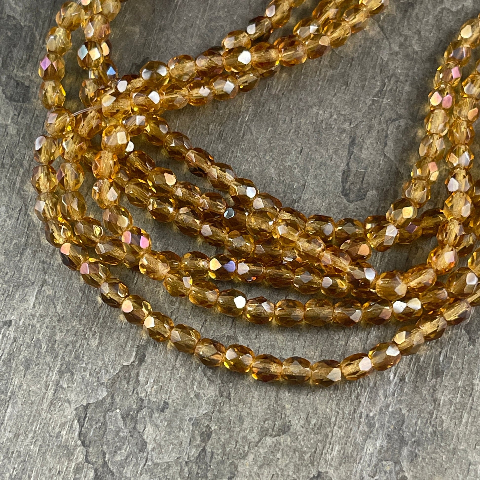 Honey Gold Czech Glass Beads 4mm Gold Topaz Beads 4mm Faceted Round Beads - Twilight Topaz Transparent Gold (FP4/SM-W1006) * Qty. 50