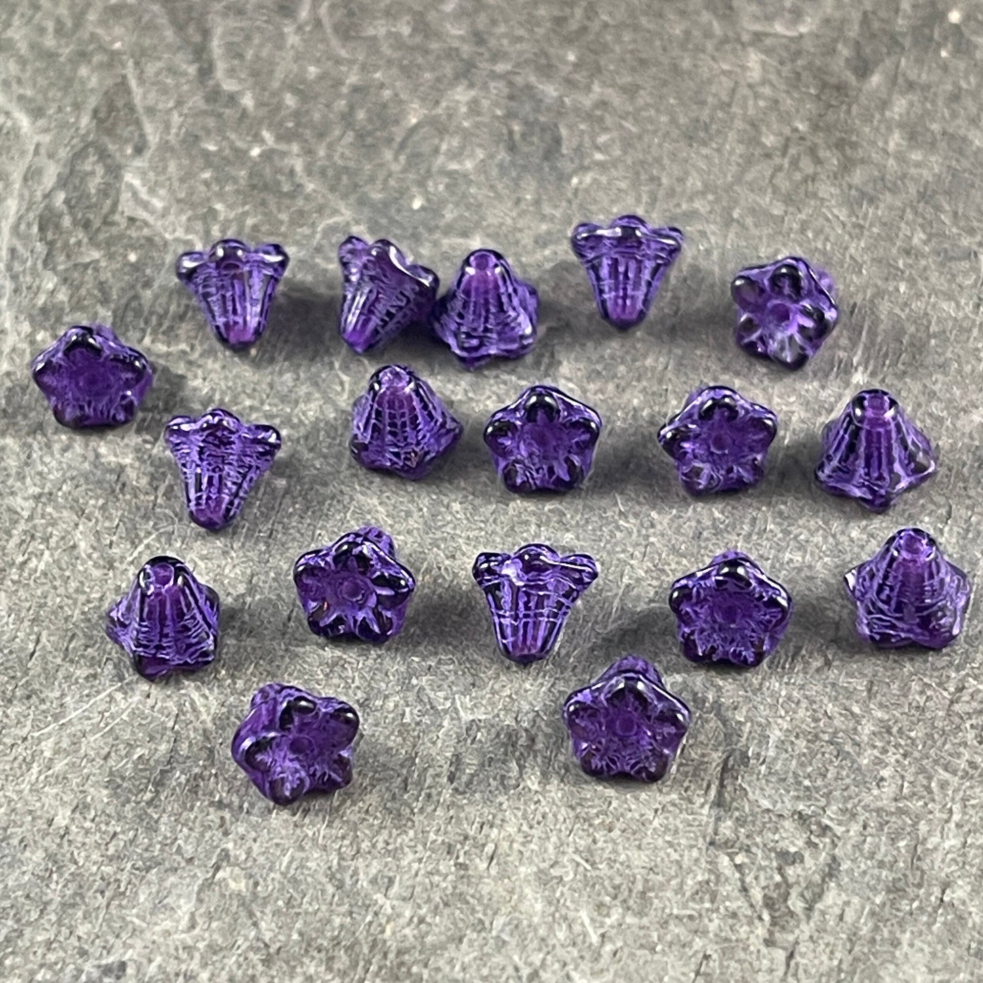 6x5mm Tiny Purple Trumpet Flower, Czech Glass Beads ~ Dark Purple Bell Flower with Purple Wash (N-0800) * Qty. 30