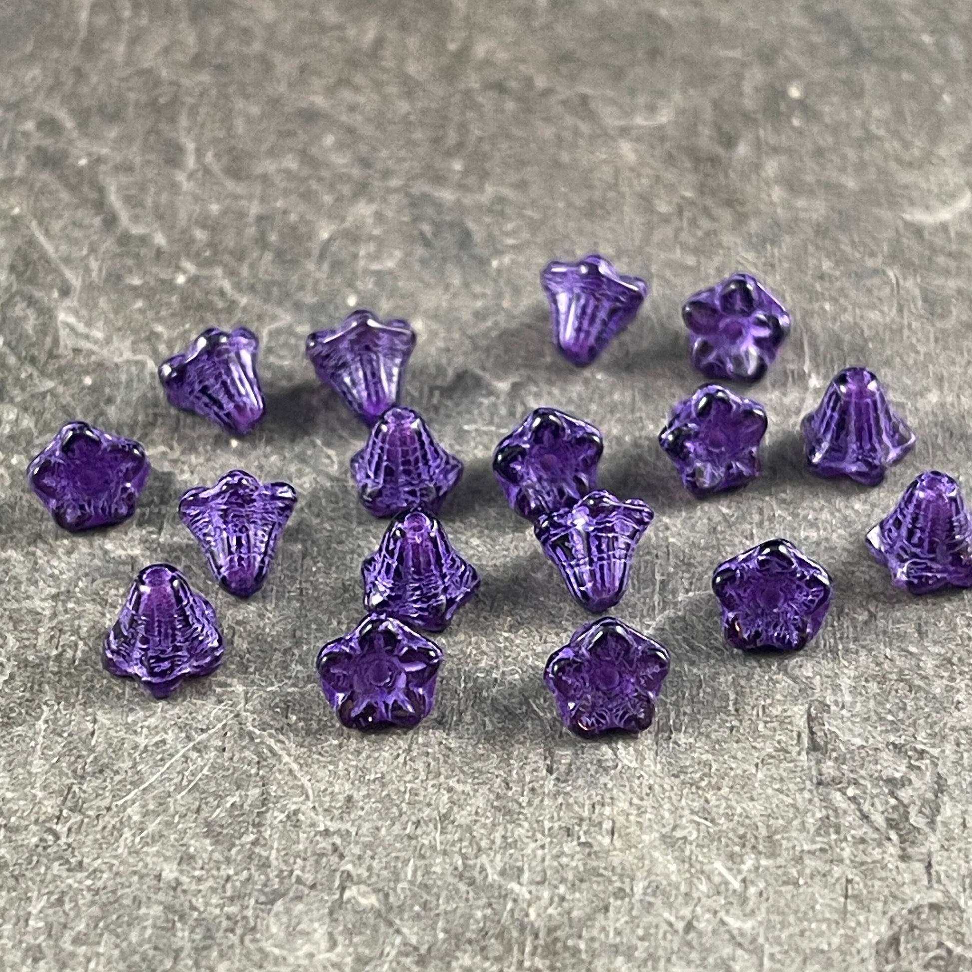 6x5mm Tiny Purple Trumpet Flower, Czech Glass Beads ~ Dark Purple Bell Flower with Purple Wash (N-0800) * Qty. 30