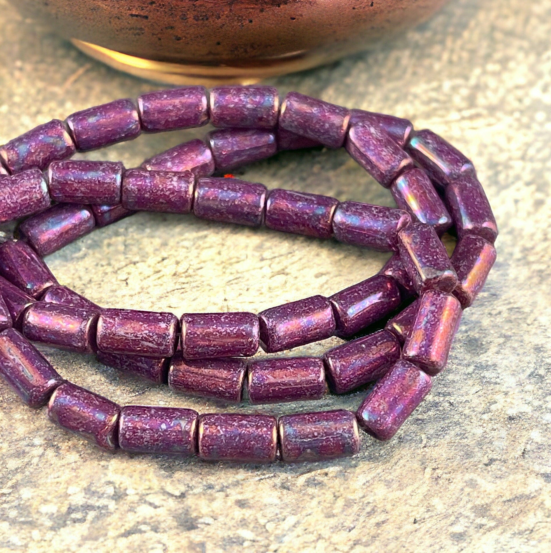 Czech Glass Beads - Iridescent Purple 9x5mm Tube Bead, Purple Glass with Mother of Pearl Finish (TBE/N-0411) * Qty. 16