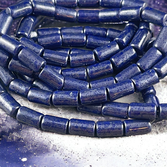 Dark Blue Czech Glass Beads ~ 9x5mm Tube Bead ~ Dark Blue, Opaque Sapphire with Silver Picasso Finish (0405) * Qty. 16