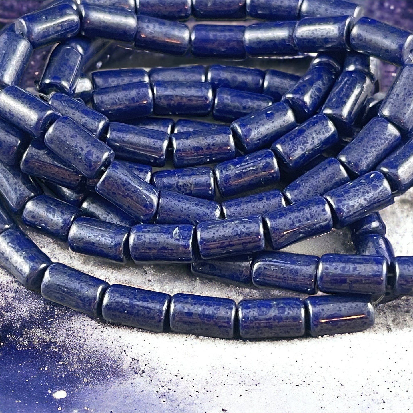 Czech Glass Beads - 9x5mm Tube Beads, Dark Blue, Opaque Sapphire with Silver Picasso Finish (TBE/N-0405) * Qty. 16
