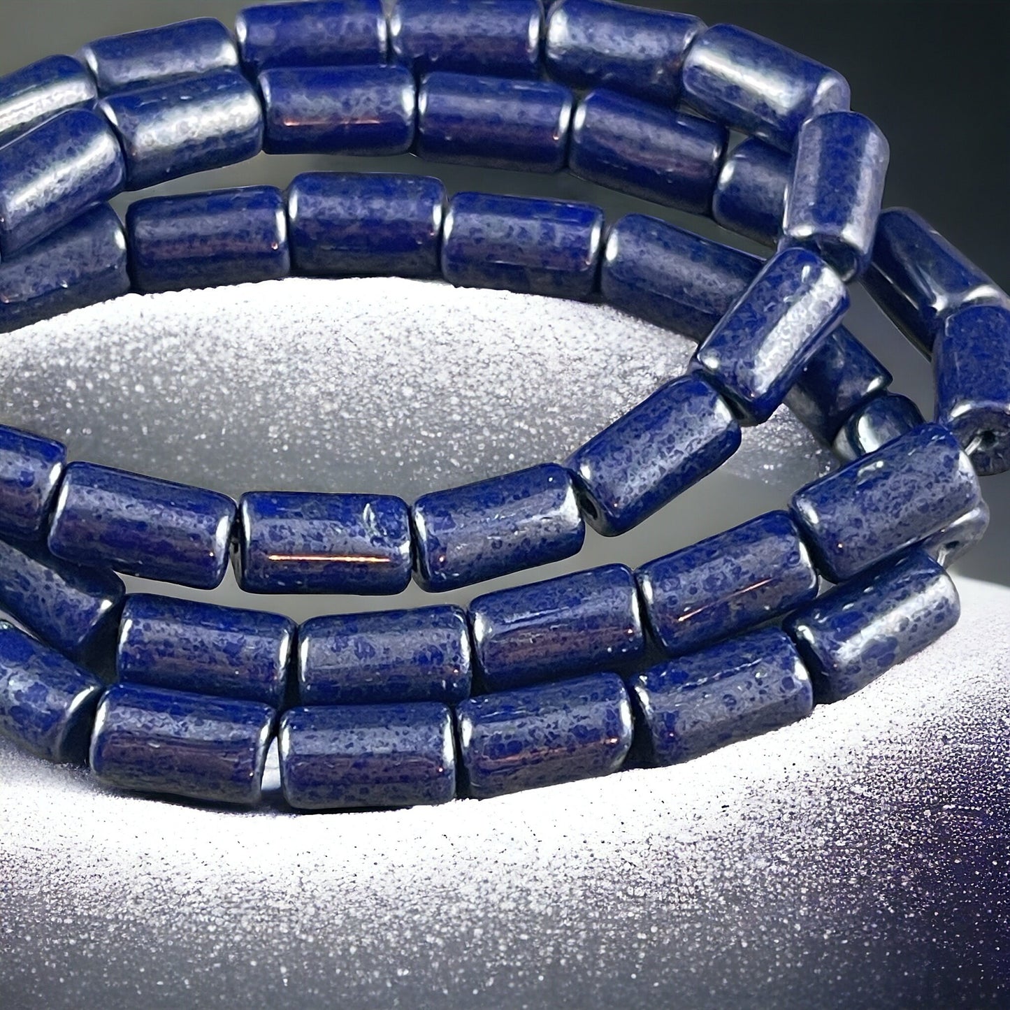 Dark Blue Czech Glass Beads ~ 9x5mm Tube Bead ~ Dark Blue, Opaque Sapphire with Silver Picasso Finish (0405) * Qty. 16