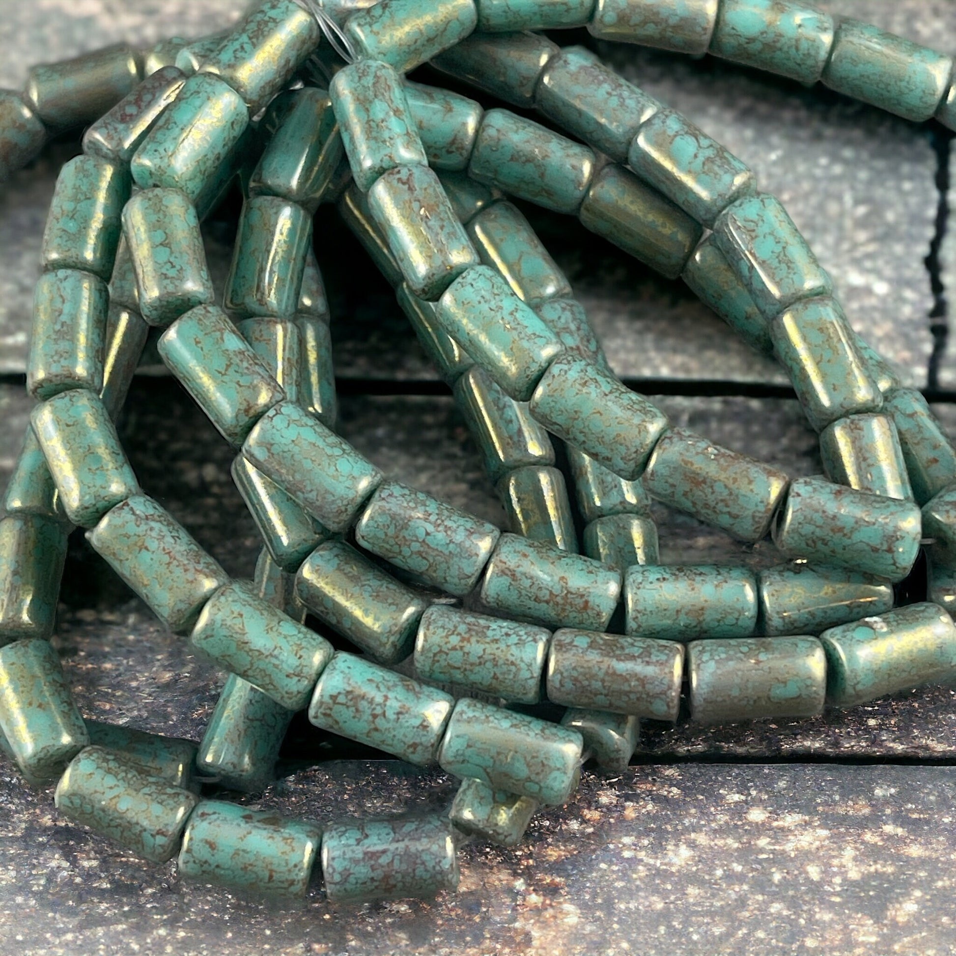 Turquoise Green Czech Glass Beads ~ 9x5mm Tube Bead ~ Tiffany Green with Bronze Picasso Finish (0533) * Qty. 16