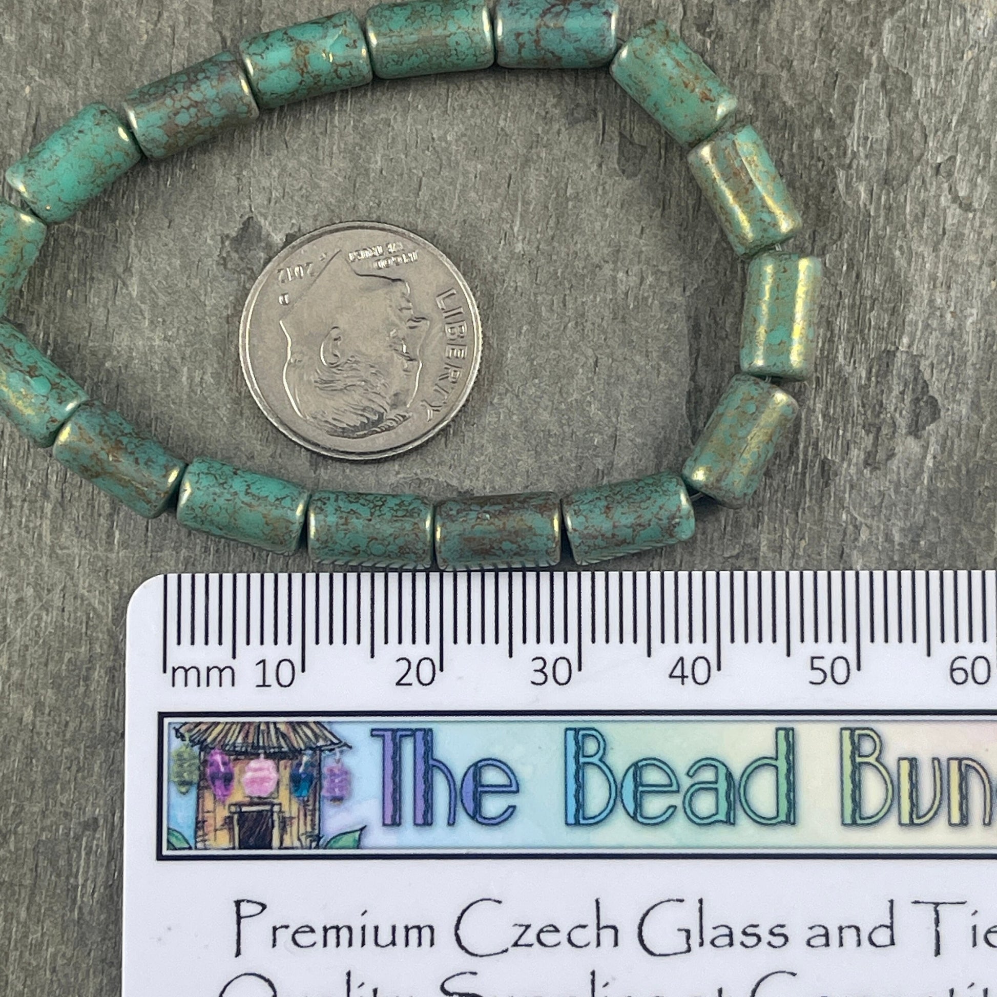 Turquoise Green Czech Glass Beads ~ 9x5mm Tube Bead ~ Tiffany Green with Bronze Picasso Finish (0533) * Qty. 16