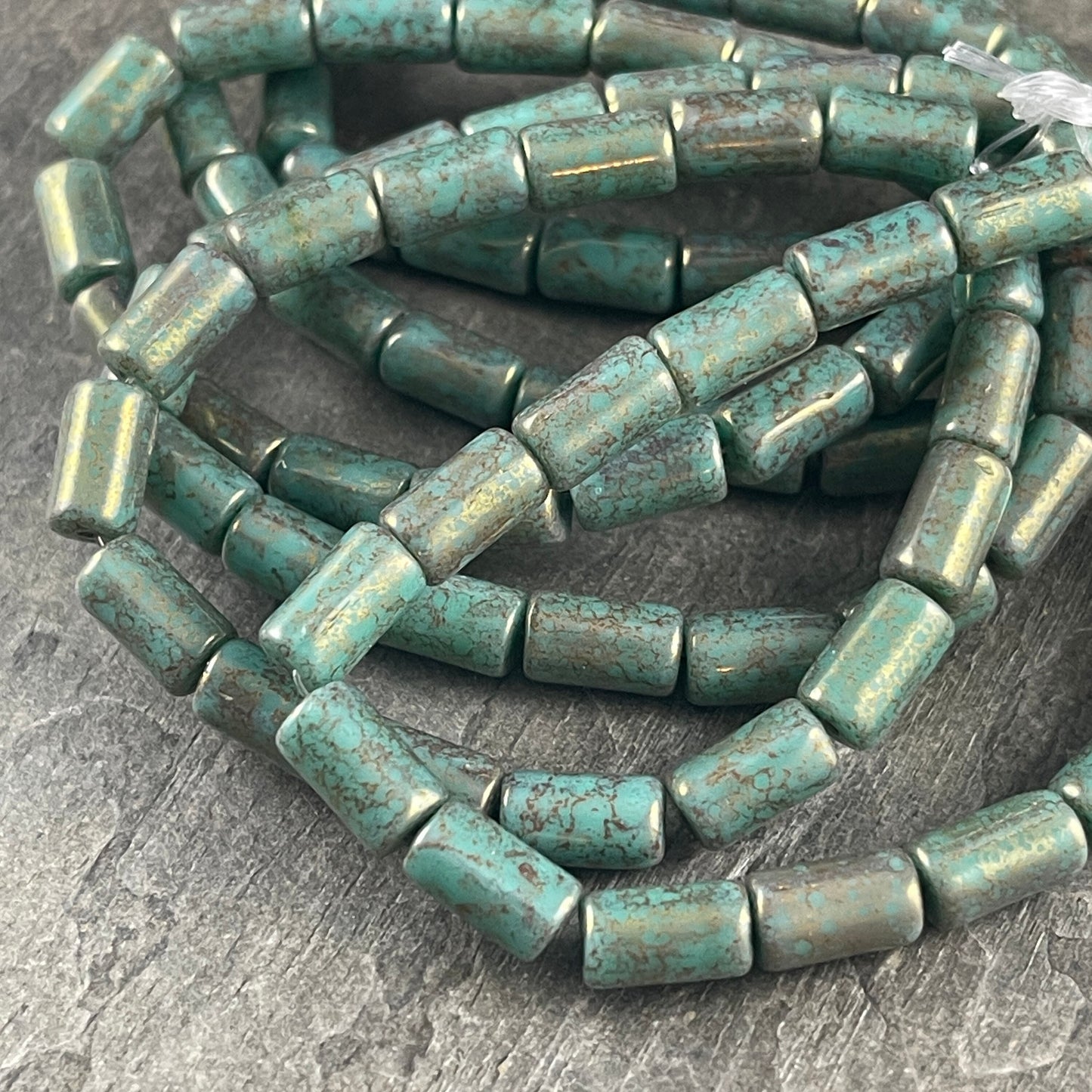 Turquoise Green Czech Glass Beads ~ 9x5mm Tube Bead ~ Tiffany Green with Bronze Picasso Finish (0533) * Qty. 16