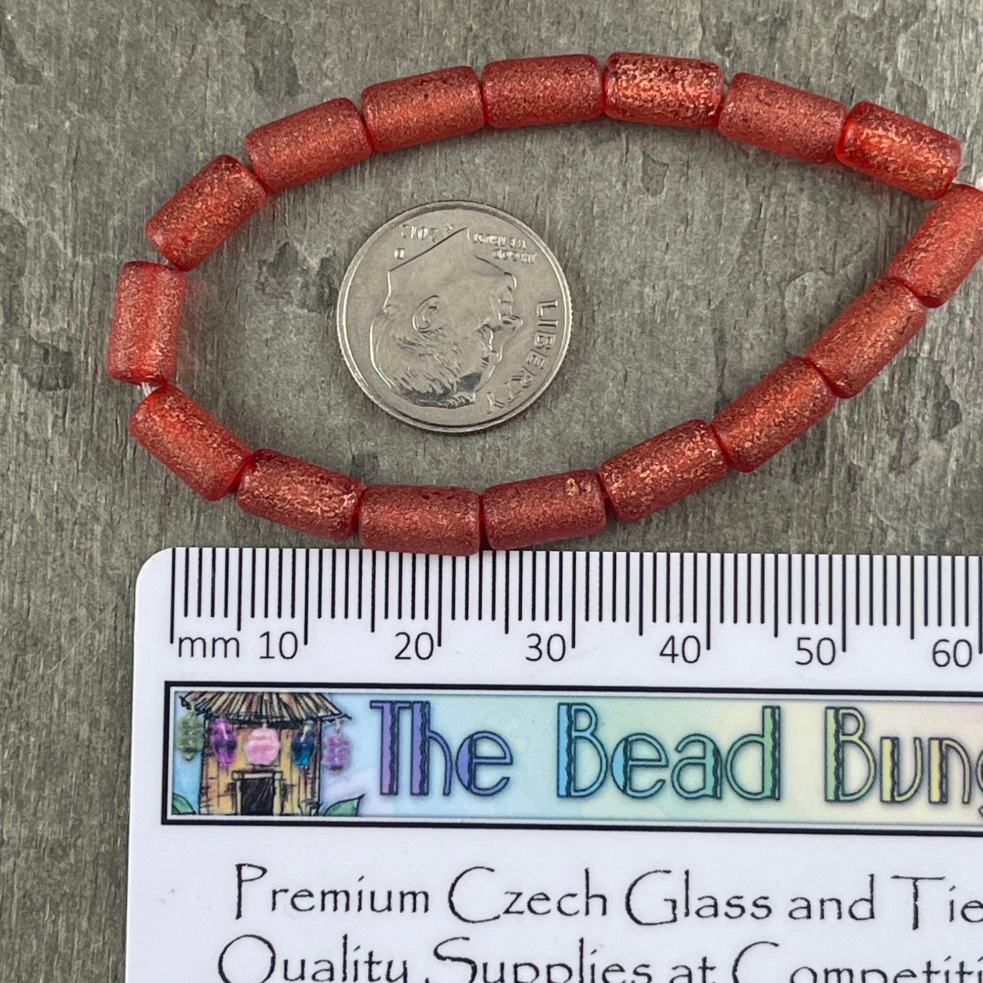 Etched Ruby Red Czech Glass Beads ~ 9x5mm Tube Bead ~ Etched Ruby Red with Copper Finish (1043) * Qty. 16