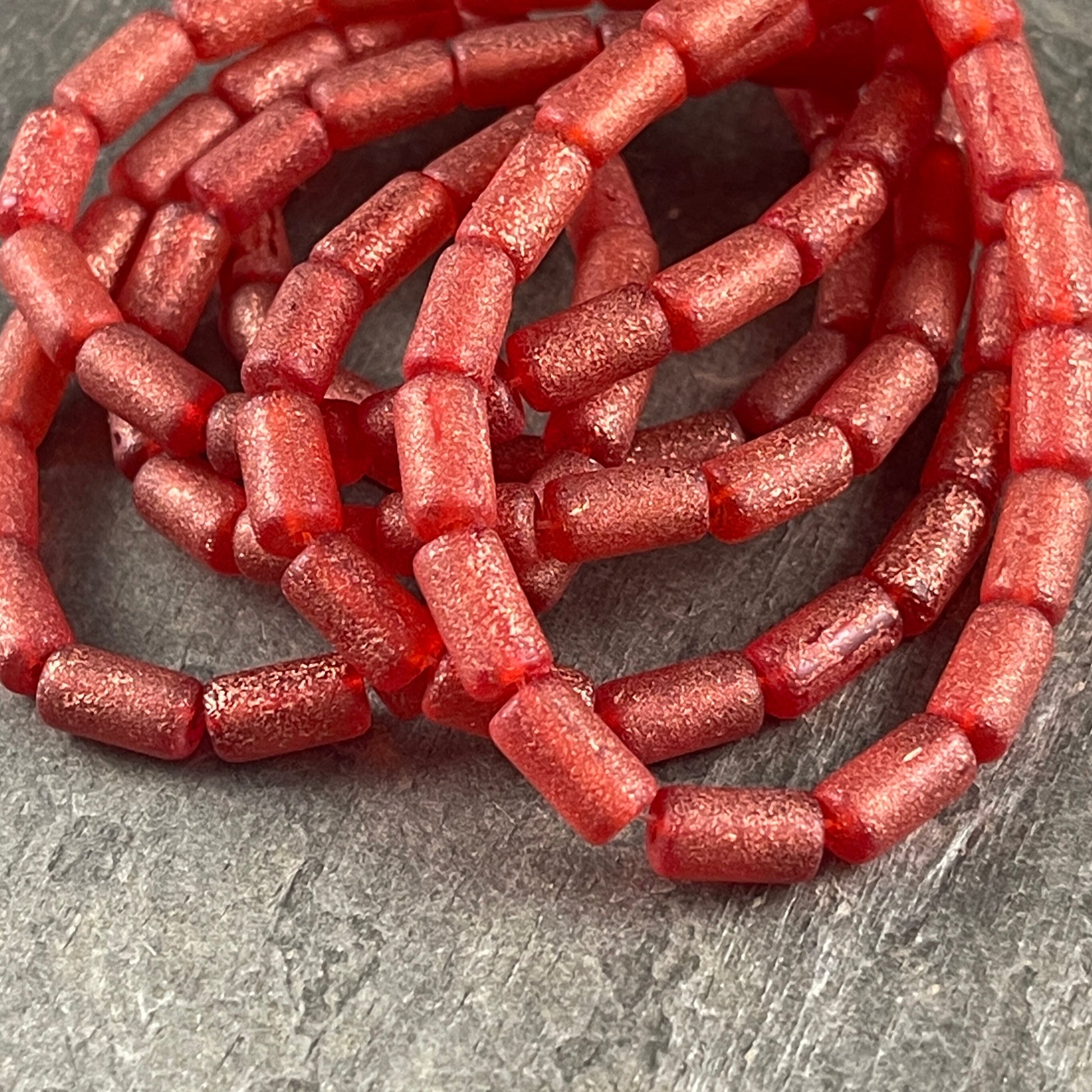 Etched Ruby Red Czech Glass Beads ~ 9x5mm Tube Bead ~ Etched Ruby Red with Copper Finish (1043) * Qty. 16