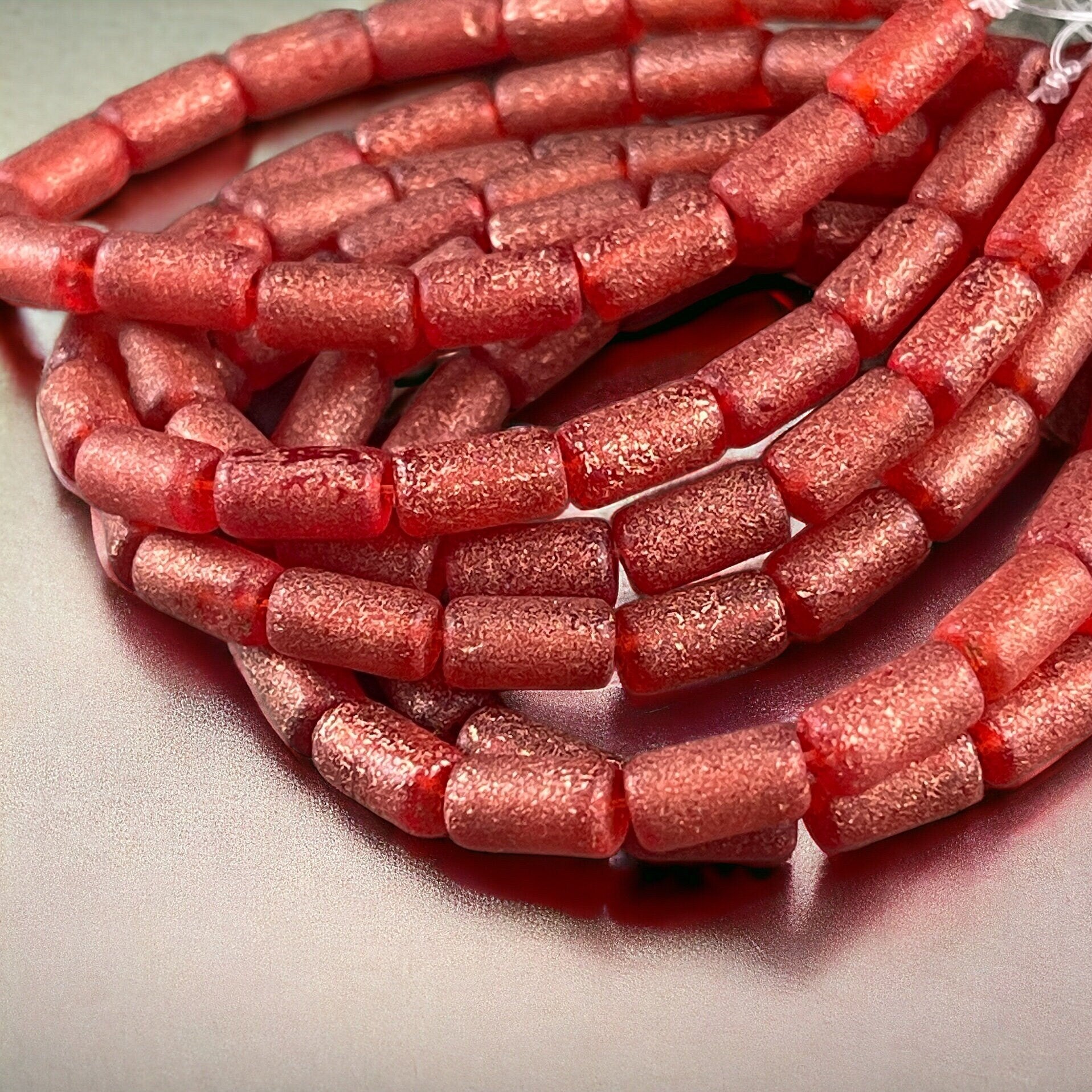 Etched Ruby Red Czech Glass Beads ~ 9x5mm Tube Bead ~ Etched Ruby Red with Copper Finish (1043) * Qty. 16